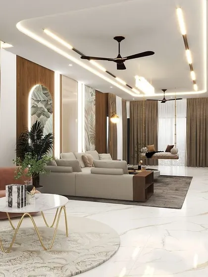 A 3D render of a spacious living room that combines natural elements with modern luxury. The design includes an indoor swing, extensive custom bookshelves, and large windows that flood the space with light.
