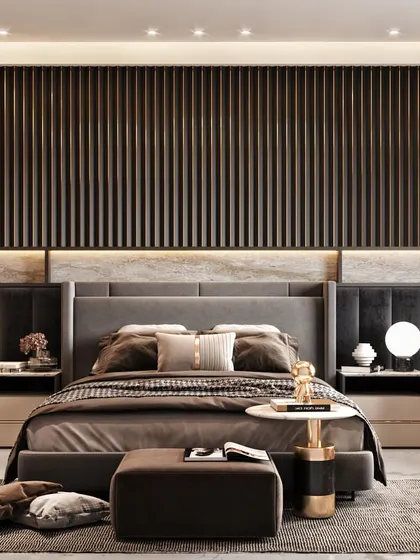A luxurious master bedroom render featuring a dark fluted wood panel behind the bed, contrasted with a marble floor and a pop of color from the orange sofa. This CGI helps in balancing dark tones with warm accents.