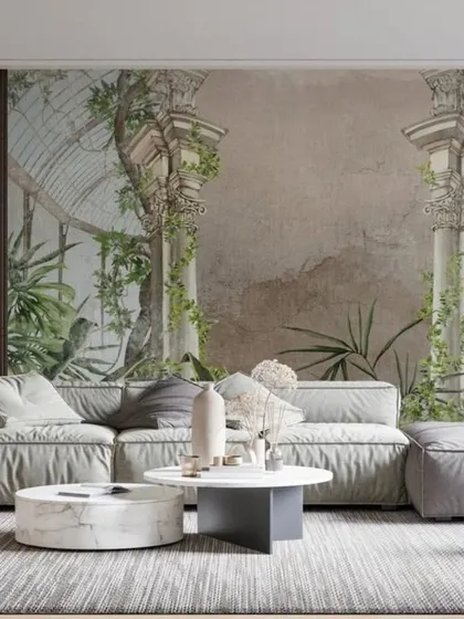This mural creates the illusion of a rustic conservatory, with ancient pillars entwined with lush greenery. It's a romantic and imaginative design that brings a sense of history and nature indoors.