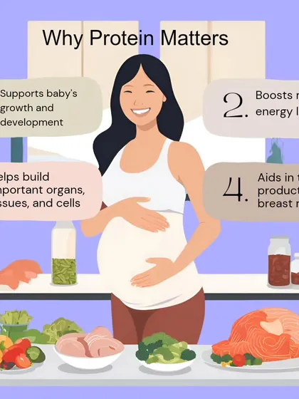 Why does protein matter during pregnancy? This infographic explains how it supports baby's growth, boosts mom's energy, helps build organs and tissues, and aids in the production of breast milk.