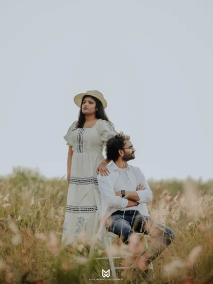 A classic portrait from Ankita and Rajat's pre-wedding shoot. The pose is timeless, and the natural, soft lighting creates a very flattering and romantic image.