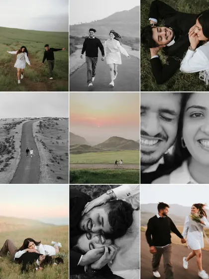 A collage showcasing the variety of shots from Monil and Charmi's countryside shoot. It includes wide landscapes, intimate black and white portraits, and playful, candid moments.