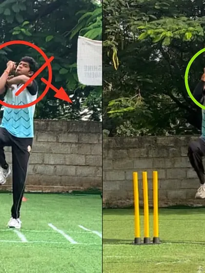 The head position is key to balance and control. We corrected this off spinner's head tilt to ensure it remains upright and stable throughout the bowling action.