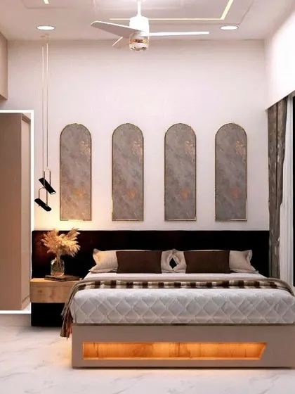 A render of the bedroom with arched panels, shown with bright, daytime lighting.