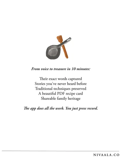 From voice to treasure in just 10 minutes. The app captures their exact words, preserves traditional techniques, and creates a beautiful PDF recipe card. You just press record.