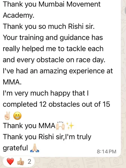 "Your training and guidance has really helped me." A student expresses gratitude after completing 12 out of 15 obstacles on race day, a testament to the effectiveness of our coaching.