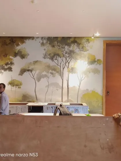 A large, serene forest mural being installed at the Park Hyatt Hotel in Chennai. I handle large-scale commercial projects, including travel outside Bangalore.