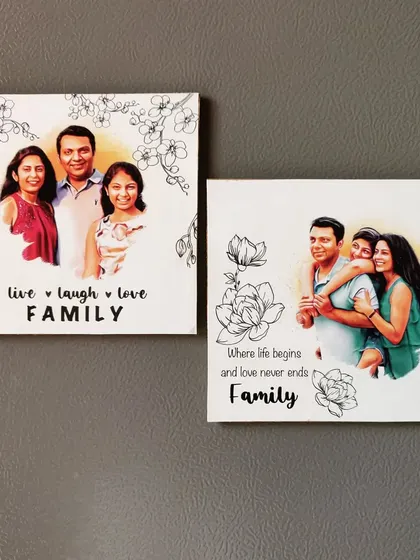 I also create custom photo fridge magnets. For this order, I turned a family's photos into digital illustrations and combined them with floral doodles and quotes to create unique and personal keepsakes.