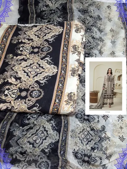 A beautiful Karachi pattern dress material in muslin fabric. The black and white digital print gives it a very modern and chic look, perfect for a stylish palazzo suit.