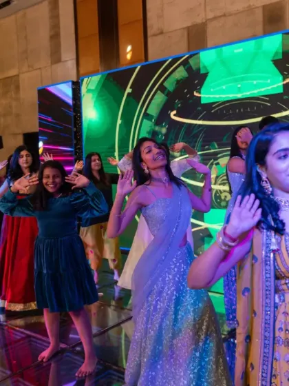 The energy of the bride's friends is absolutely contagious. We focus on creating dance routines that are not just about steps, but about expressing joy and celebrating friendship on stage.