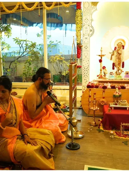 The sacred puja ceremony during our Janmashtami celebration. Every ritual is performed with intention and devotion, creating a powerful spiritual energy that fills the entire space and connects all who are present.