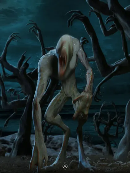 A full-body view of the "Blind Demon" surrounded by grasping, tree-like arms. This composition places the creature in a nightmarish forest, emphasizing its role as a central figure in a haunted landscape.
