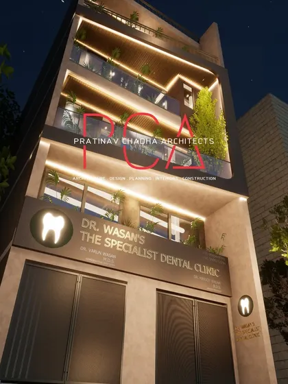 A night-time 3D render of the Mukherjee Nagar residence, showcasing the fully illuminated facade and the vibrant atmosphere it creates.