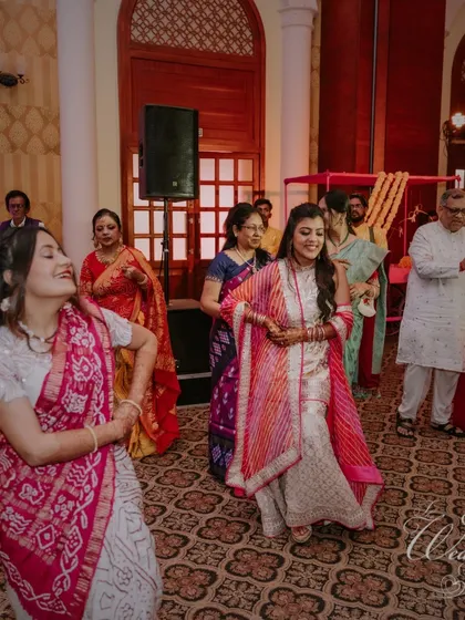 The traditional Fugdi dance during a Myra ceremony, a spirited and joyful moment that brings families together in celebration.
