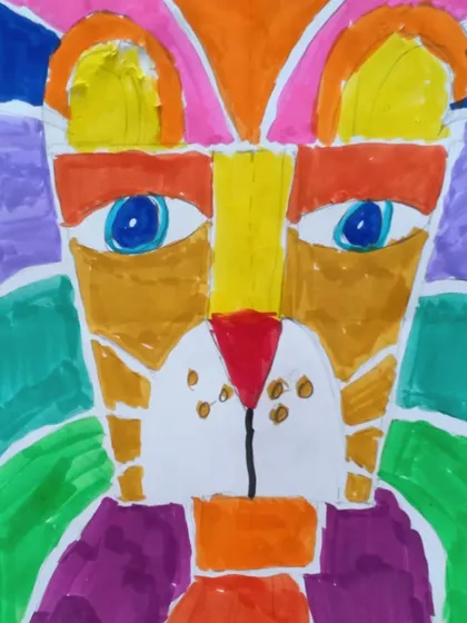 This abstract cat portrait uses bold colors and geometric shapes, inspired by artists like Picasso. We introduce students to art history in an accessible and hands-on way.