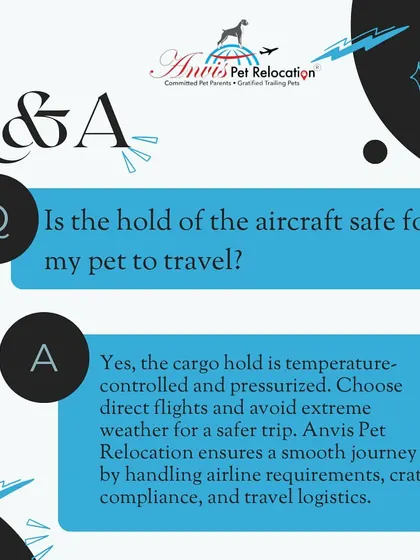 Yes, the cargo hold is safe for pet travel. It is temperature-controlled and pressurized. We ensure a smooth journey by choosing direct flights where possible and handling all airline requirements and crate compliance.
