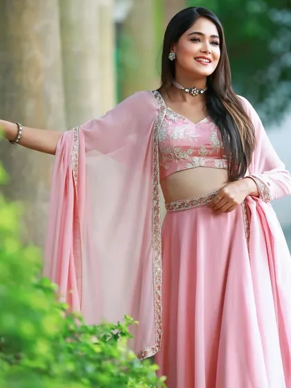 The elegant silhouette of our custom pink lehenga, as seen on Mokshitha Pai.