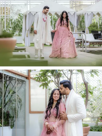 A two-part story of the couple after their ceremony. The top image shows them walking hand-in-hand, and the bottom captures a sweet kiss on the cheek.