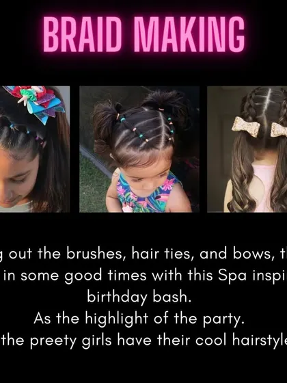 Looking for a unique birthday party idea? Our spa-inspired parties with braid making and cool hairstyles are a hit with the girls.