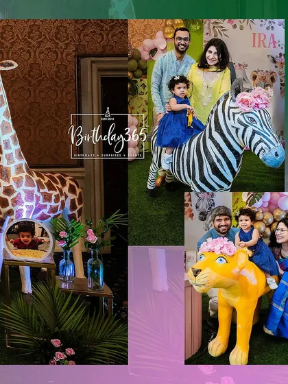 A collage of happy moments from Ira's jungle-themed party. It shows the birthday girl posing with our life-sized animal props, creating adorable photo opportunities.