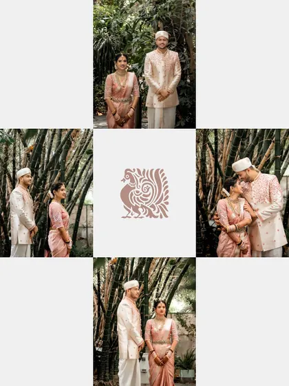 A creative collage of a couple's wedding portraits. The use of a graphic element and multiple angles against a bamboo backdrop makes for a unique visual memory.