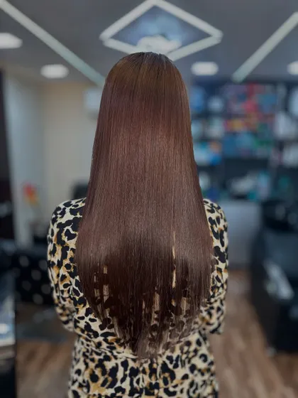 The back view of a stunning global brown color. The hair is sleek, straight, and reflects light beautifully.