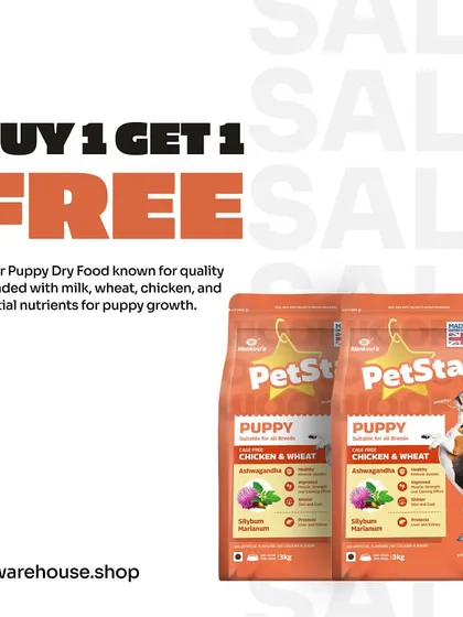 Stock up on Petstar Puppy Dry Food with our Buy 1 Get 1 Free offer. This formula is packed with milk, wheat, chicken, and essential nutrients to support healthy puppy growth.