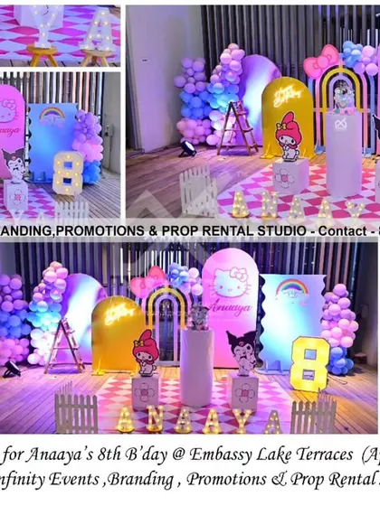 Hello Kitty and friends take center stage in this colorful 8th birthday theme at Embassy Lake Terraces. The setup features multiple arch backdrops, character cutouts, and a vibrant pastel balloon arrangement for a fun and modern party look.