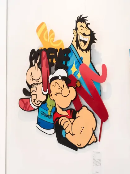 My Popeye artwork on display at a gallery. It's always cool to see these 3D pieces hanging on a clean wall, where the depth and colors can really shine.