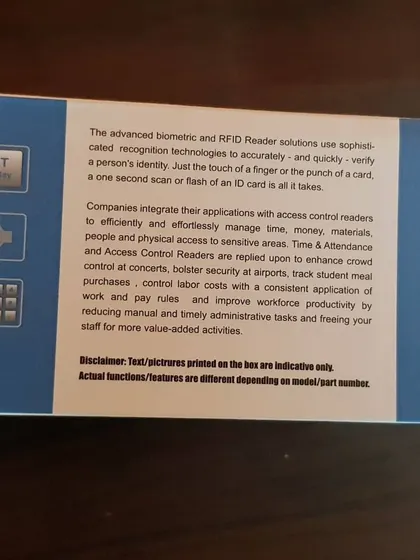 The back of the eSSL box explains how biometric and RFID readers can be used in airports, offices, and banks for time attendance and access control.