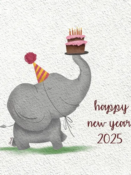A cheerful New Year's greeting card. This digital drawing shows a happy elephant in a party hat, balancing a cake on its trunk to celebrate the start of a new year.