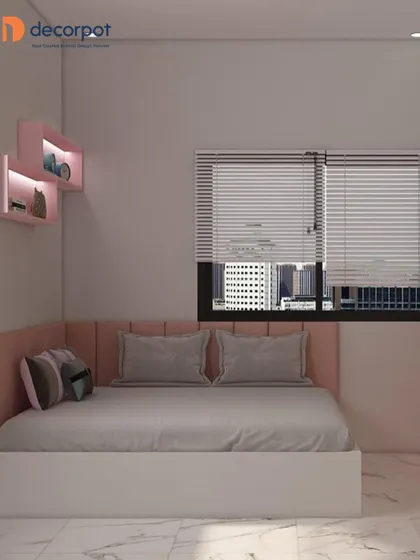 A soft and dreamy bedroom design, perfect for a child or teenager. The room features a pink upholstered headboard and floating pink shelves for a touch of color.