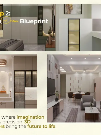 Step 2: The Dream Blueprint. This is where imagination meets precision. Our detailed 3D renders allow you to see and approve every detail of your future home, from the living room layout to the mandir design, before we even begin.