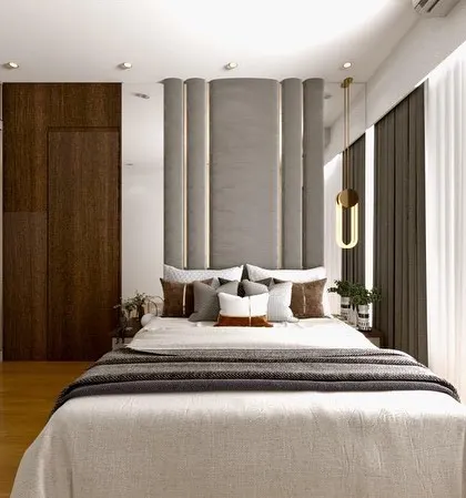 The 3D render for a master bedroom, illustrating the concept of a hidden bathroom door and a floor-to-ceiling upholstered headboard to create a seamless and luxurious look.