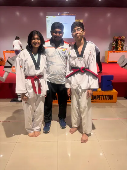 Here I am with two of my proudest students, Kinjal Shirke and Asit, after their big wins. Kinjal secured a gold medal, and Asit not only won gold at the CISCE Taekwondo Tournament but also got selected for the Regionals.