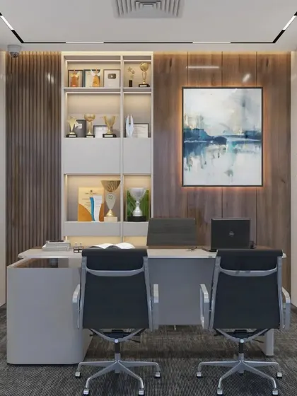 The design for a private manager's cabin, featuring a wood-paneled accent wall, a built-in shelving unit for awards, and a wall-mounted screen for private meetings.
