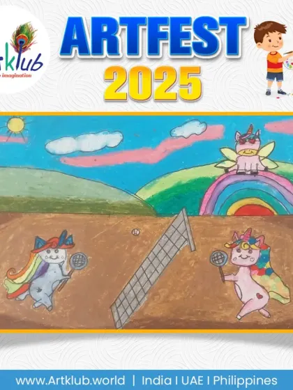 A whimsical scene from our junior division, where unicorns play a game of badminton over a rainbow.