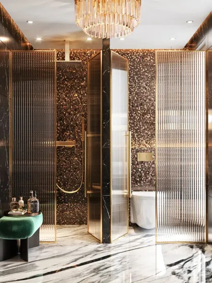 This render provides a view of the shower area in the luxury bathroom, featuring a fluted glass partition and textured accent wall that adds another layer of opulence.