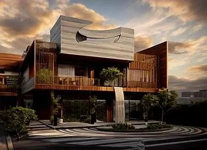 This villa design is based on a "scooped from a cube" concept. I used curved wooden elements to create the illusion of carving sections out of a solid block, resulting in a modern and sculptural architectural statement.