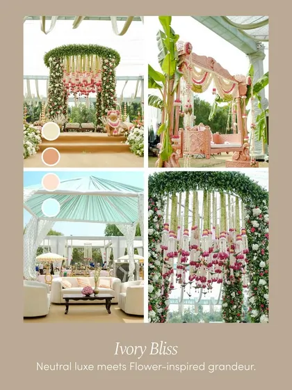 An 'Ivory Bliss' color palette mood board. This visual combines neutral tones with grand floral arrangements, illustrating a theme of timeless, flower-inspired grandeur.