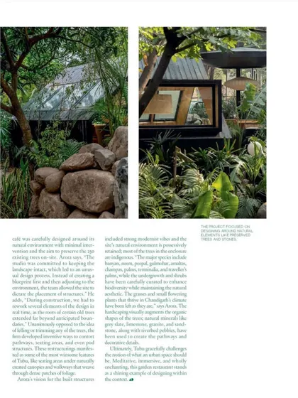 A spread from Architectural Digest on the Tubu project. The feature discusses the careful integration of the new structures into the existing natural environment and the use of a Scandinavian design ethos.