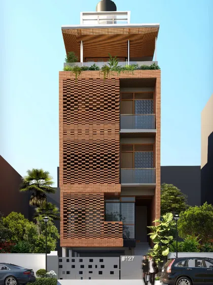 A render of an urban house in Jayanagar, showcasing a proposed parametric brick facade designed to provide privacy and control sunlight on a south-facing plot.