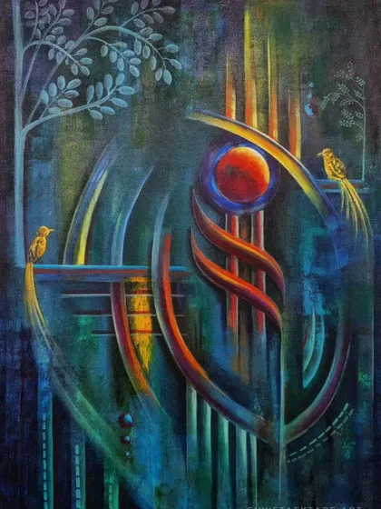 'Intertwined Tale,' an acrylic painting that creates a dialogue between natural habitats and architectural forms, encouraging contemplation on our ties to nature.