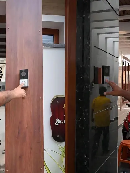 A collage showing the video doorbell in action, with a person ringing the bell and the homeowner interacting with the system.