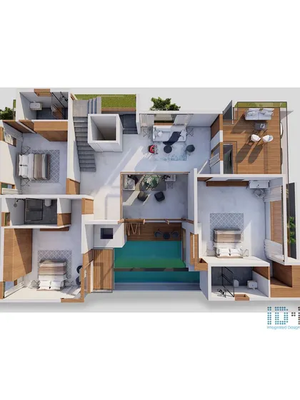 The first-floor plan for the same residence, showing how the bedrooms and an upper-level lounge are arranged around the double-height pool area. The design includes a terrace for outdoor relaxation.