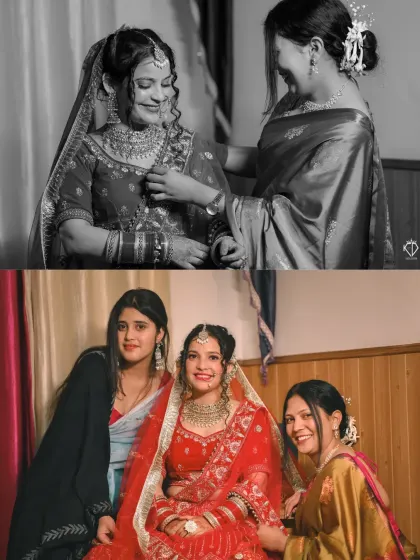 A collage of black and white and color photos showing the bride sharing special moments with her mother and bridesmaids.