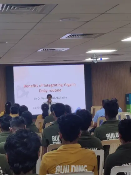 A view from the back of a wellness talk at Volvo. My sessions often begin with an educational component to explain the 'why' behind the practices we are about to do.