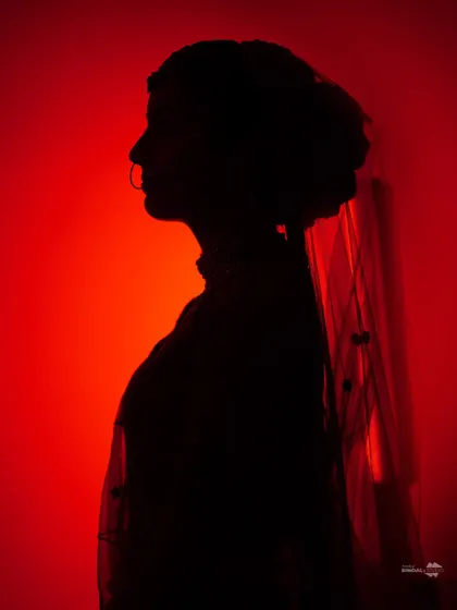 A striking silhouette of the bride against a vibrant red background. This artistic shot is modern, bold, and full of drama.