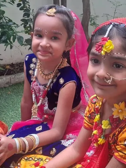 Our little Krishna and Radhas sharing a happy moment. Janmashtami at our school is filled with laughter, stories, and beautiful costumes.