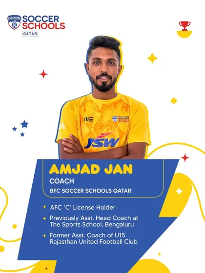 Introducing Coach Amjad Jan for BFC Soccer Schools Qatar, an AFC 'C' License holder with experience coaching at The Sports School and Rajasthan United.